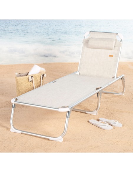 Pack 2 espreguiçadeiras praia multiposições 186x49x30 cm bege almofada