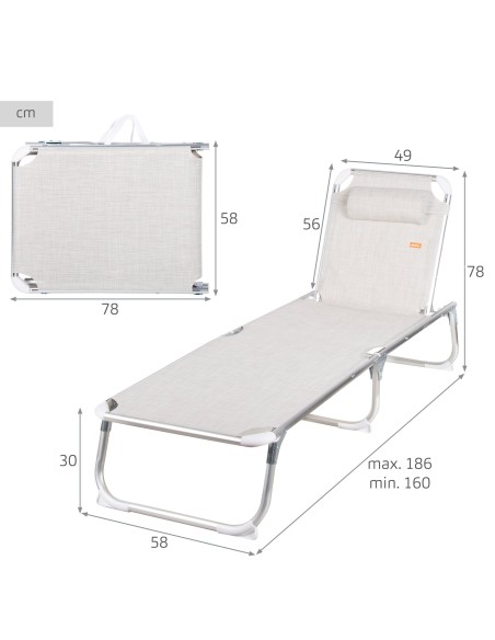 Pack 2 espreguiçadeiras praia multiposições 186x49x30 cm bege almofada