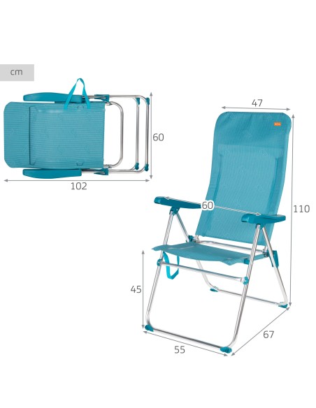 Pack 2 cadeiras praia altas múltiplas posições 46x67x110 cm turquesa