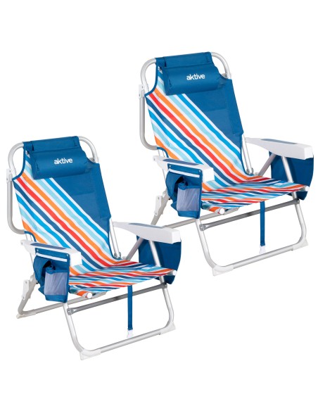 Pack 2 cadeiras praia médias multiposições 50x55x80 cm multicoloridas com bolsos