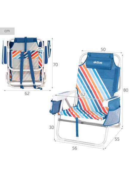 Pack 2 cadeiras praia médias multiposições 50x55x80 cm multicoloridas com bolsos