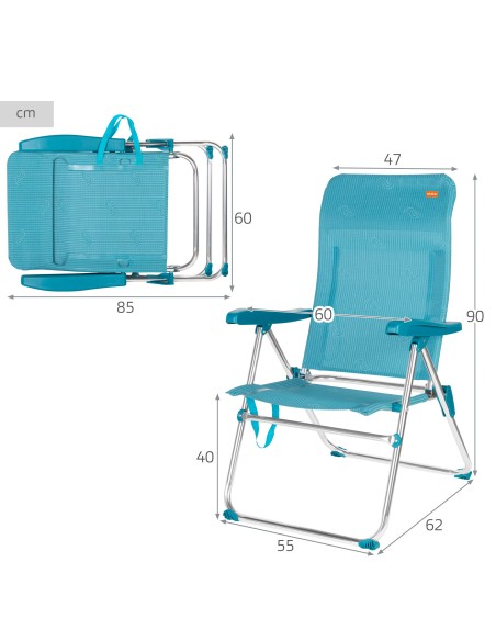 Pack 2 cadeiras praia altas com múltiplas posições 47x62x90 cm turquesa