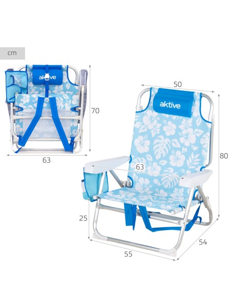 Pack 2 cadeiras praia médias multiposições 50x54x80 cm flores com bolsos