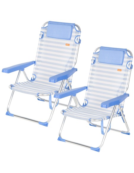 Pack 2 cadeiras praia altas com múltiplas posições 48x60x90 cm listradas em azul