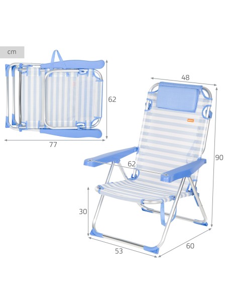 Pack 2 cadeiras praia altas com múltiplas posições 48x60x90 cm listradas em azul