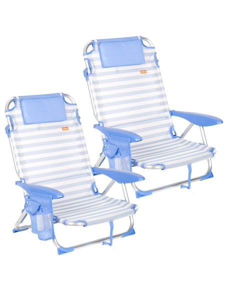 Pack 2 cadeiras praia baixas com múltiplas posições 51x45x76 cm listradas em azul