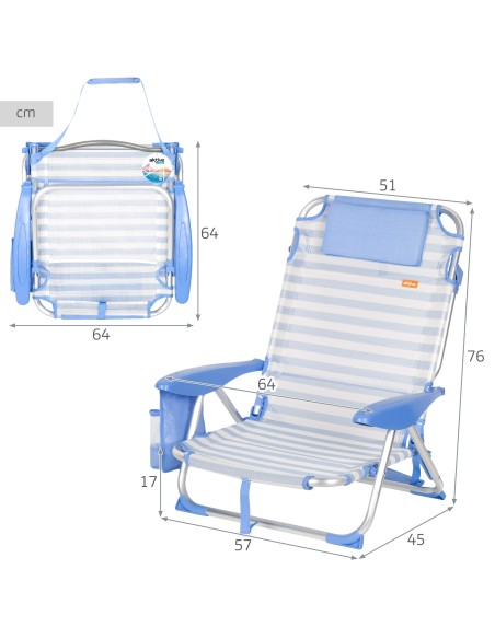 Pack 2 cadeiras praia baixas com múltiplas posições 51x45x76 cm listradas em azul