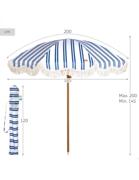 Guarda-sol de praia, 8 varetas, 200 cm, listrado com franjas.