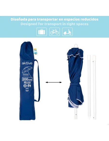 Guarda-sol de praia com 8 varetas, D200 azul, dobrável e compacto