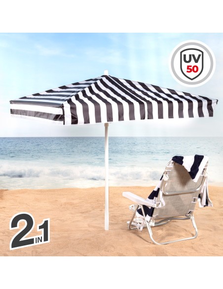 Guarda-sol/tenda de praia conversível, 145 cm, listras pretas e brancas