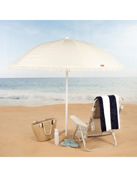 Guarda-sol de praia, 16 varetas, 200 cm, bege com franjas