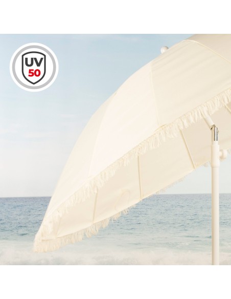 Guarda-sol de praia, 16 varetas, 200 cm, bege com franjas
