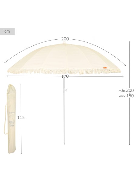 Guarda-sol de praia, 16 varetas, 200 cm, bege com franjas