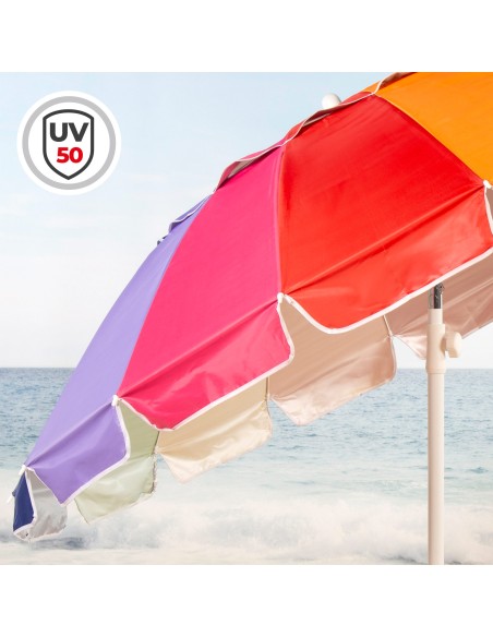 Guarda-sol de praia, 16 varetas, 200 cm, multicolorido, inclinável, UV50