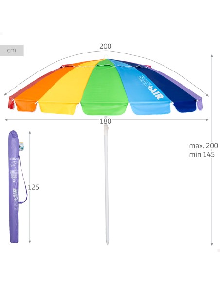 Guarda-sol de praia, 16 varetas, 200 cm, multicolorido, inclinável, UV50
