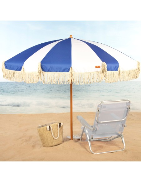 Guarda-sol de praia com 8 varetas, 200 cm, design náutico com franjas