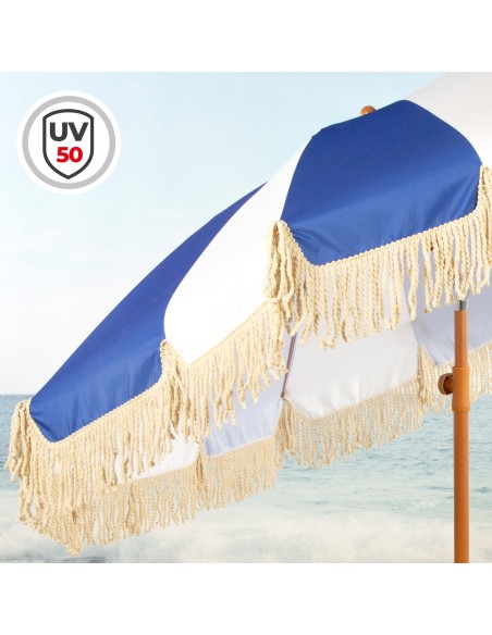 Guarda-sol de praia com 8 varetas, 200 cm, design náutico com franjas
