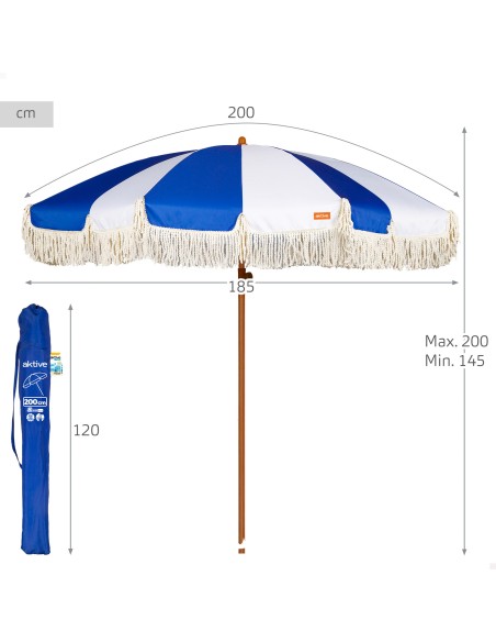 Guarda-sol de praia com 8 varetas, 200 cm, design náutico com franjas