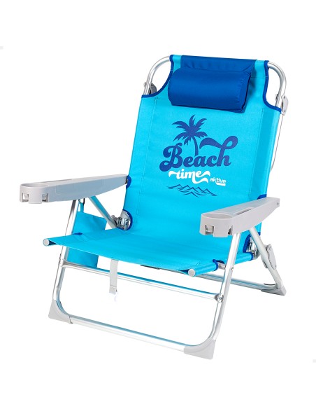 Cadeira de praia baixa XXL multiposições 55x60x80 cm azul com almofada, bolso e porta-copos