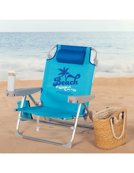 Cadeira de praia baixa XXL multiposições 55x60x80 cm azul com almofada, bolso e porta-copos