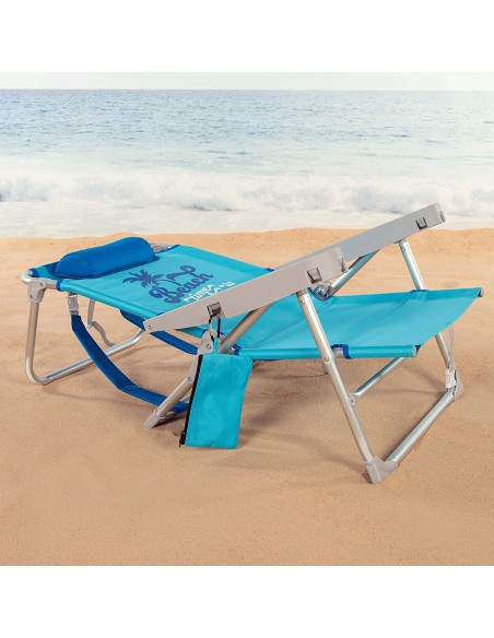 Cadeira de praia baixa XXL multiposições 55x60x80 cm azul com almofada, bolso e porta-copos