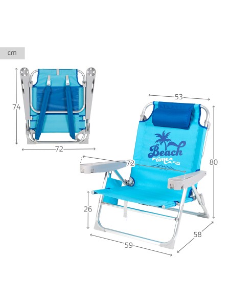 Cadeira de praia baixa XXL multiposições 55x60x80 cm azul com almofada, bolso e porta-copos