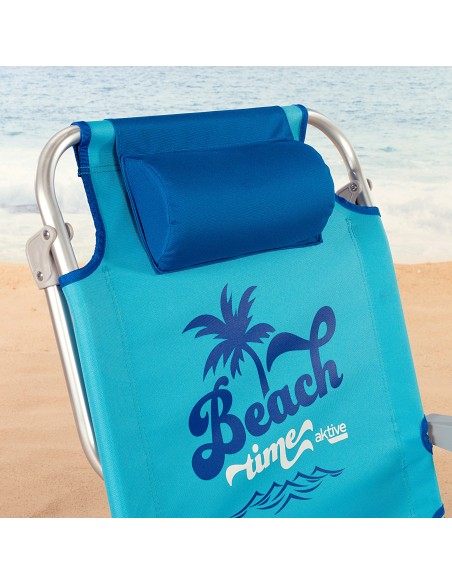 Cadeira de praia baixa XXL multiposições 55x60x80 cm azul com almofada, bolso e porta-copos