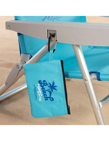 Cadeira de praia baixa XXL multiposições 55x60x80 cm azul com almofada, bolso e porta-copos