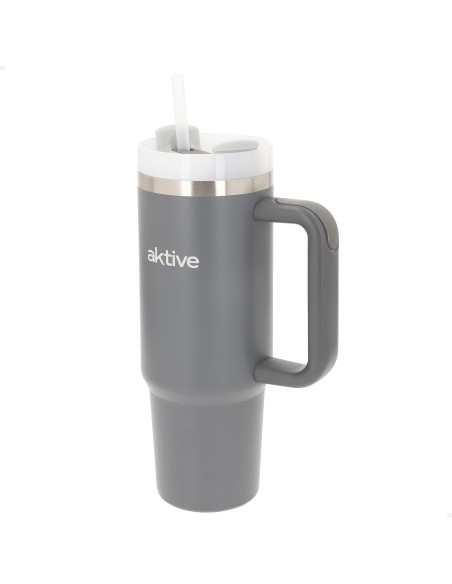 Garrafa térmica cinzenta de 900 ml em aço inoxidável com tampa de rosca 3 posições com palhinha e pega ergonómica