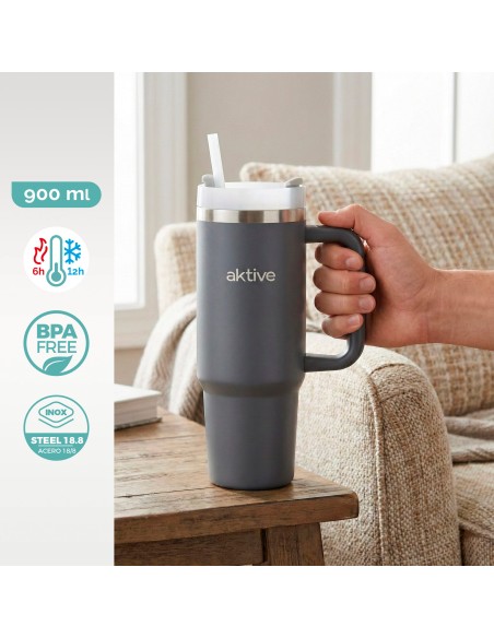 Garrafa térmica cinzenta de 900 ml em aço inoxidável com tampa de rosca 3 posições com palhinha e pega ergonómica