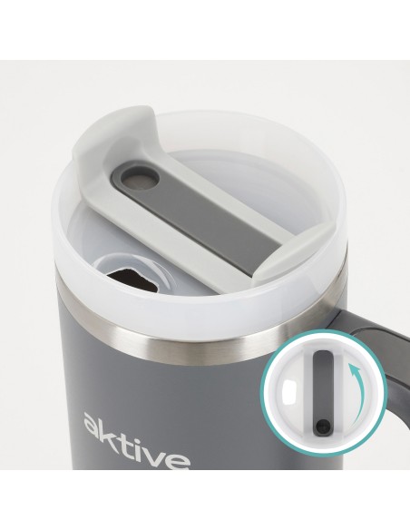 Garrafa térmica cinzenta de 900 ml em aço inoxidável com tampa de rosca 3 posições com palhinha e pega ergonómica