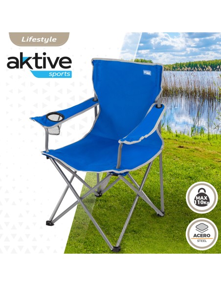 Cadeira de camping dobrável com suporte para copos azul