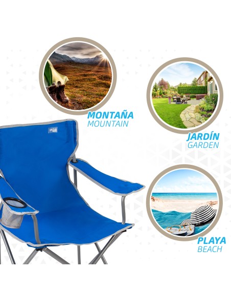 Cadeira de camping dobrável com suporte para copos azul