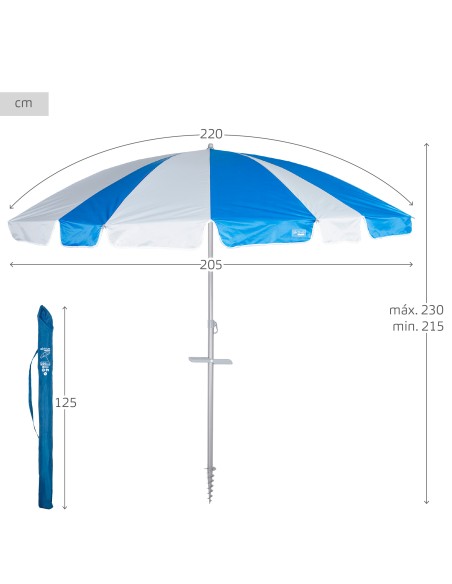 Guarda-sol de 8 varas 220 cm azul e branco com espiral de ancoragem