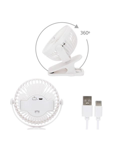 Ventoinha de pinça 2 em 1 com rotação de 360º e carregamento USB