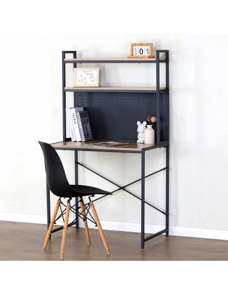 Max Home Secretária com prateleiras e tampo perfurado em madeira e aço 85x50x148 cm