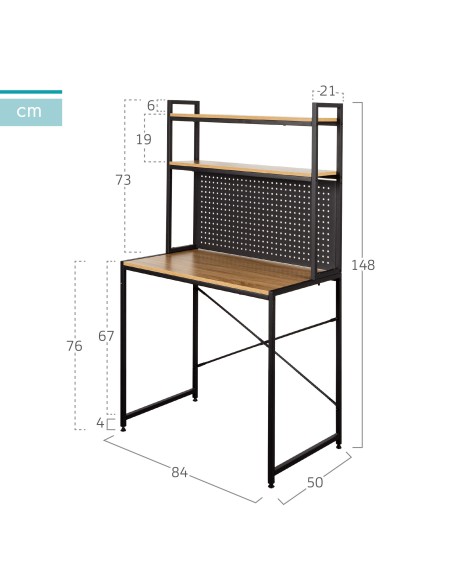 Max Home Secretária com prateleiras e tampo perfurado em madeira e aço 85x50x148 cm