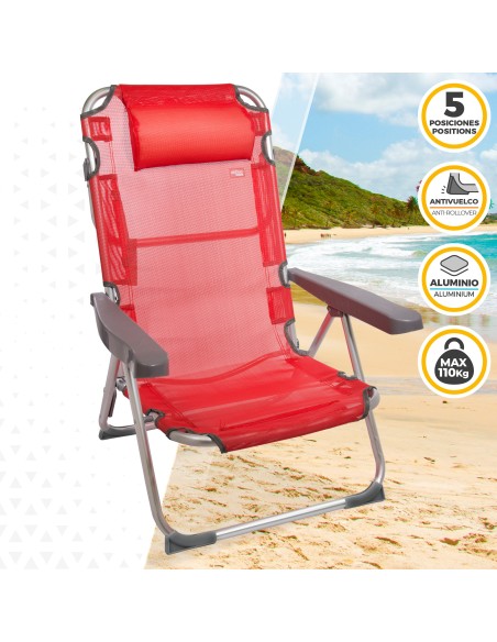 Cadeira de praia baixa multiposições 48x60x90 cm vermelha com almofada
