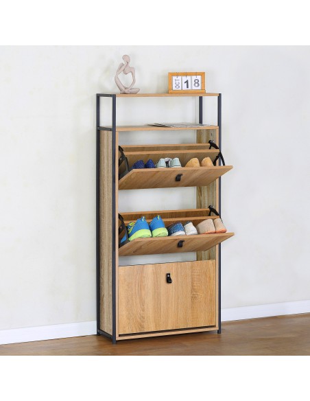 Max Home Sapateira de corredor em madeira e aço com 3 gavetas 60x24x132 cm