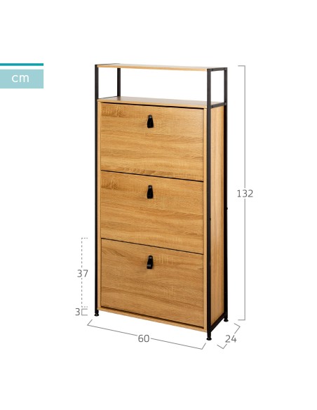 Max Home Sapateira de corredor em madeira e aço com 3 gavetas 60x24x132 cm