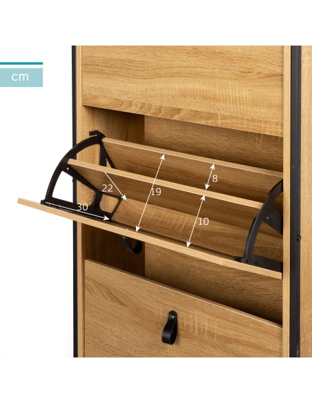 Max Home Sapateira de corredor em madeira e aço com 3 gavetas 60x24x132 cm