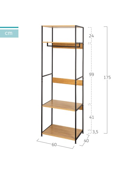 Max Home Armario abierto madera y acero 4 estantes 60x40x175 cm