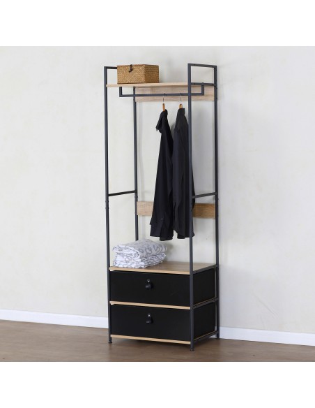 Max Home Armario abierto madera y acero 2 cajones de tela 60x40x175 cm
