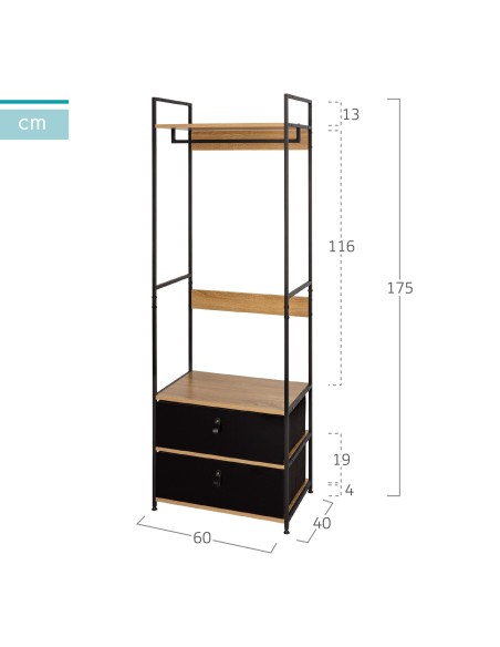 Max Home Armario abierto madera y acero 2 cajones de tela 60x40x175 cm
