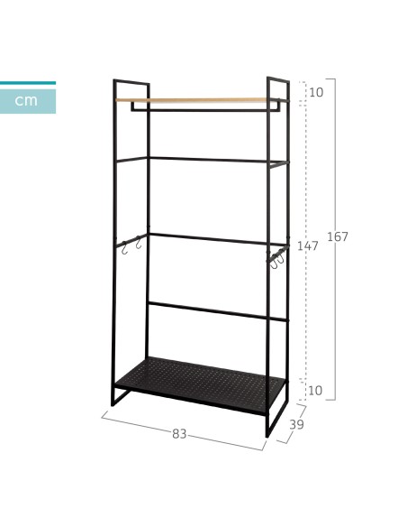 Max Home Armário aberto em madeira e aço 2 prateleiras 83x39x167 cm