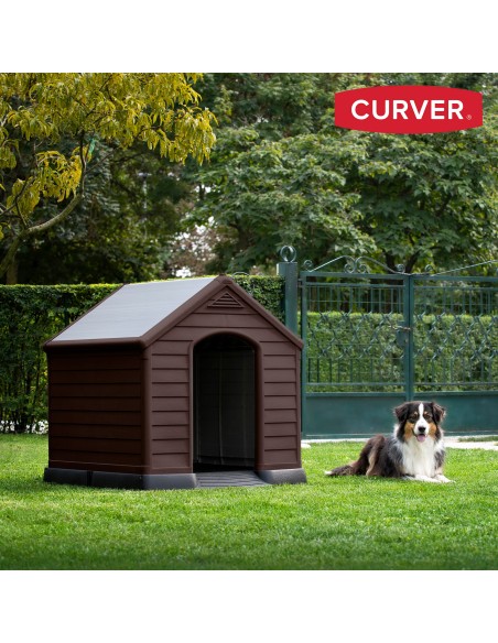 Casinha de cachorro de resina marrom Curver com piso elevado e sistema de ventilação 95x99x99 cm