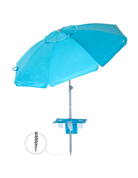 Guarda-chuva de praia à prova de vento 8 varetas 210 cm azul com mesa