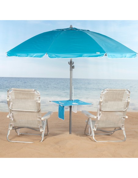 Guarda-chuva de praia à prova de vento 8 varetas 210 cm azul com mesa