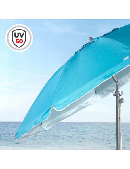 Guarda-chuva de praia à prova de vento 8 varetas 210 cm azul com mesa