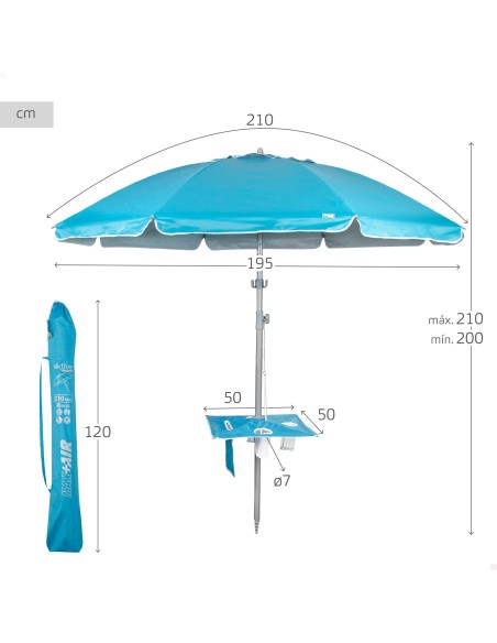 Guarda-chuva de praia à prova de vento 8 varetas 210 cm azul com mesa